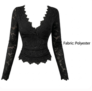 Groothandel op maat gemaakte dames Y2K slim fit kant top met diepe V-hals, doorschijnende lange mouwen, gegolfde bloemen peplum blouse, bulk OEM ODM kleding - Product Image 6