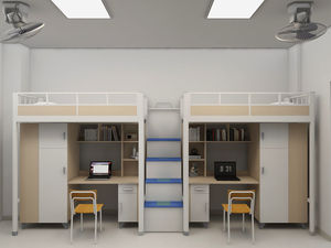 Lit superposé en bois et acier pour dortoir étudiant, gain de place, avec bureau et armoire, mobilier scolaire, lit mezzanine - Product Image 2