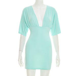 Viviblook C26DS218 Vestidos de Verano para Mujer, Nuevo Vestido Ajustado de Color Sólido con Cuello en V y Pliegues para Damas - Product Image 1