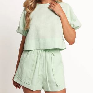 New Arrival Linen Set Red Casual Daily Linen <b>Top</b> for Ladies Casual <b>Bubble</b> Sleeve High Rise Linen Short Sets for Women - Product Image 2