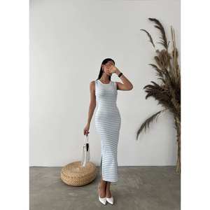 Vestido ajustado a rayas estilo otomano con cuello redondo, tejido transpirable, cintura natural, vestido informal para diario - Product Image 1