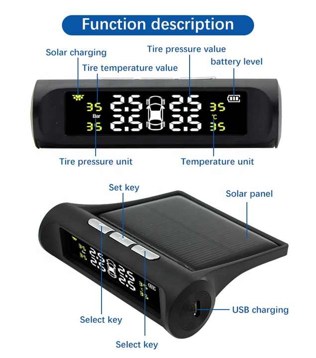 Controlador universal de pressão de pneus tpms, monitoramento de pressão de pneus sem fio, energia solar, sensor de haste de válvula