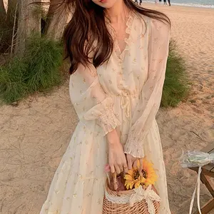 Robe de plage en mousseline de soie à manches longues pour femmes, élégante, en dentelle, douce, à motif Floral, de fête, coréenne, été 2023