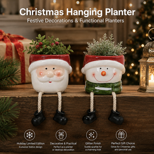 Pot suspendu de Noël en porcelaine, Père Noël et Bonhomme de neige, support rustique pour plantes succulentes avec jambes tombantes, décoration de fêtes pour centre commercial - Product Image 1