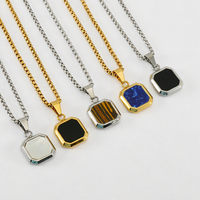 Collier pendentif carré en acier inoxydable avec incrustation de coquillage, chaîne à maillons, bijoux géométriques unisexes, cadeau de mode