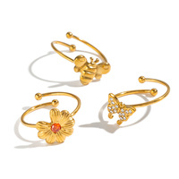 Lot de 3 bagues ouvertes ajustables pour femmes, plaquées or 18 carats, en acier inoxydable, avec motifs abeille, marguerite et papillon, accent CZ, thème nature, vente en gros, prêtes à être expédiées