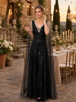 Robe de soirée noire à sequins et perles, col en V, manches cape, accent perles, coupe trapèze, longueur ras du sol, robe de soirée formelle, vente en gros