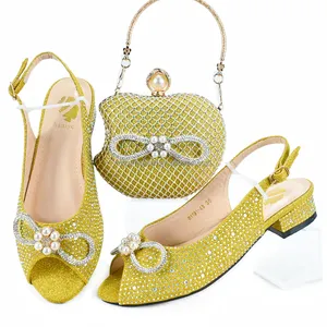 2024 New arrival african sandals shoes matching bag set Lady's 6.5CM high heels shoes with crystal for party wedding