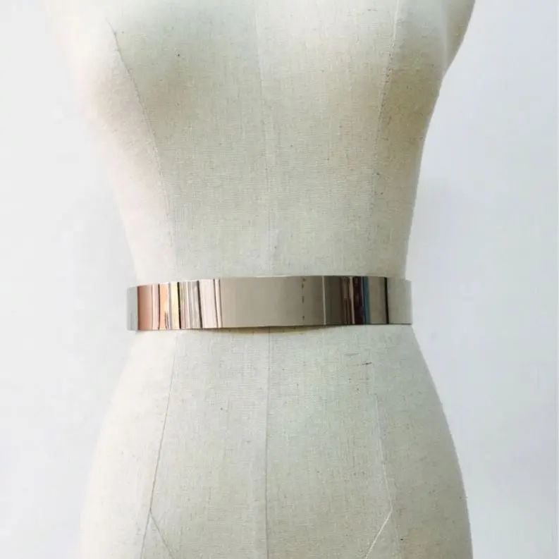 Lady Gold Belt untuk Wanita Elastis Cermin Bling Metalik Plat Logam Sabuk Pinggang Lebar Band Ikat Pinggang Wanita Aksesoris