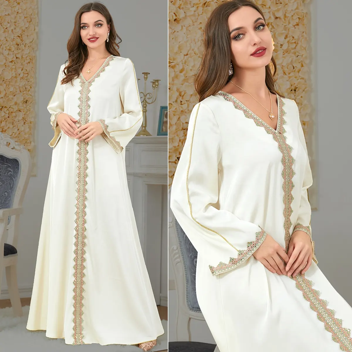 Dubai White Kaftan V Neck Long Sleeve Jalabiya Fashion Abaya MuslimTurkish Arabic Clothes Maxi Dresses for Women