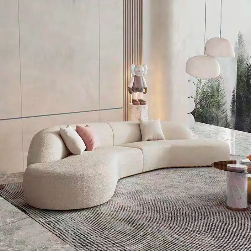 Canapé beige en tissu Teddy combinaison incurvée avec structure tout en bois offre spéciale design moderne salon immeuble de bureaux