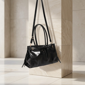 <b>Black</b> <b>Patent</b> Leather Tote <b>Handbag</b> Women Shoulder Bag Zipper Closure Foldable Durable Geometric Purse for Daily Use - Product Image 4
