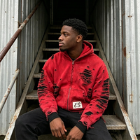 Sweat à capuche zippé streetwear 100 % coton personnalisé, détails déchirés et vieillis à la main avec effet délavé vintage, coupe oversize