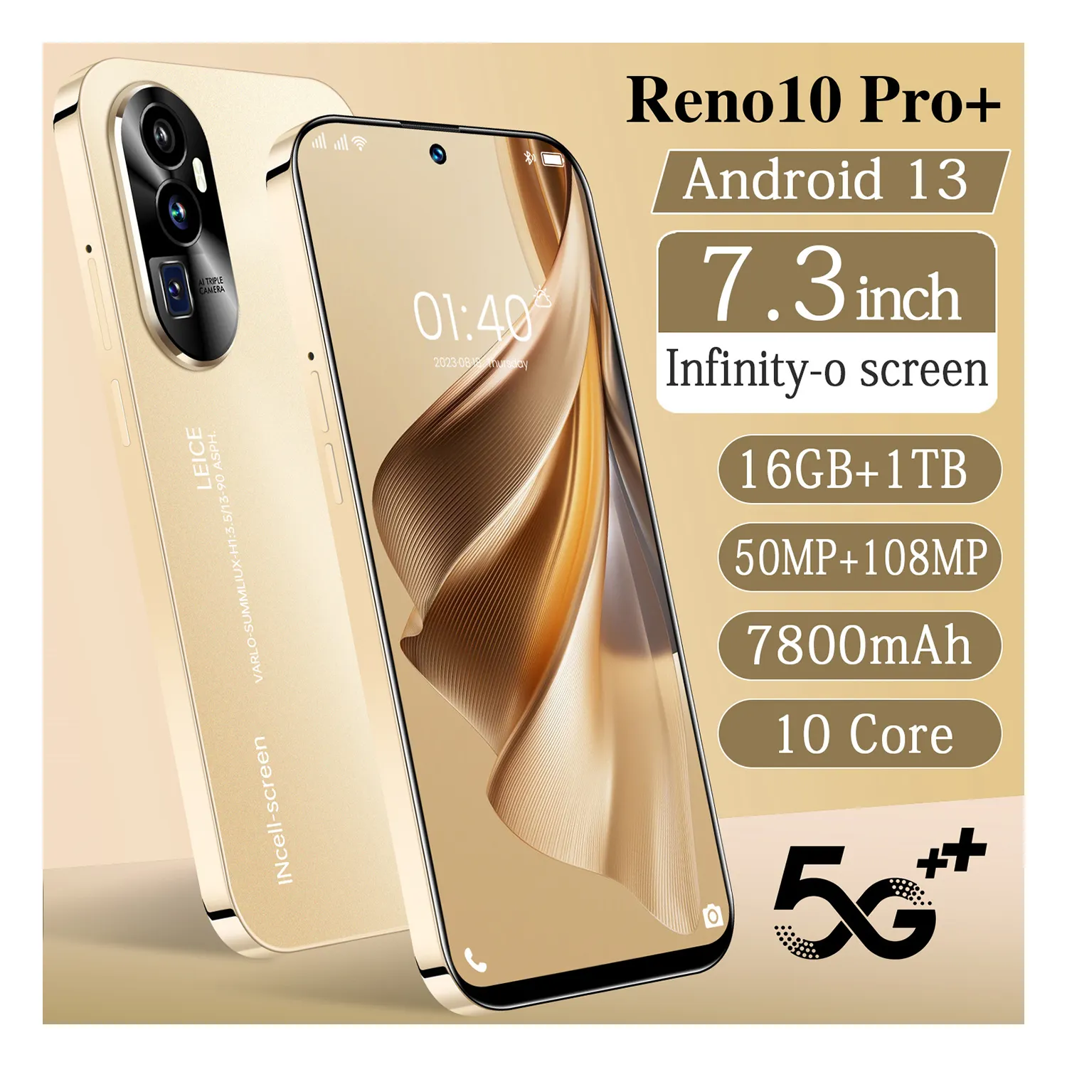 Vendita calda Reno10 Pro + Smartphone prezzo economico telefono Android cina telefoni cellulari 7.3 pollici 16GB + 1TB 7800mAh 50MP + 108MP telefono