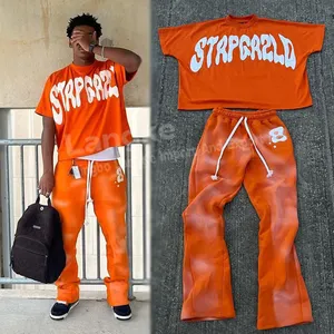 Acid Wash Sweat suit Jogger Tracksuit Short Sleeve Cropped Boxy Custom Patch 2 Piece T Shirt and Pants Set Men