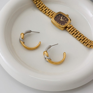 ต่างหูรูปตัว C สองชั้น สีทองและสีเงิน ดีไซน์แบบปม ทำจากสแตนเลส สวมใส่ได้ทุกวัน - Product Image 4