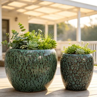 Set Pot Keramik Japandi Wabi Sabi Warna Hijau Mint dan Cokelat untuk Dekorasi Beranda dan Rumah
