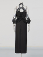 Robe longue décontractée à manches longues et taille empire, style socialite sexy, nouvelle collection été 2026, col halter, dos nu, en gaze, coupe ajustée