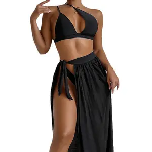 2022 Three Piece One Shoulder Bra Backless Bikinis High Waist Long Sarongs Women Cover Up High Waist Swimwear