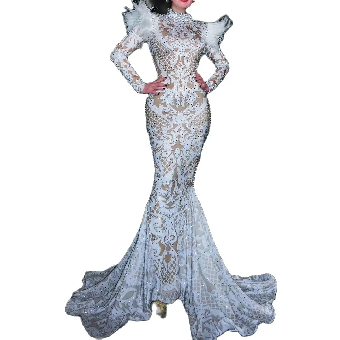Elegant White Lace Print Rhinestones Mermaid Wedding Party Dress Women Singer Stage Costumes Lady Plus Size Evening Prom Dresses