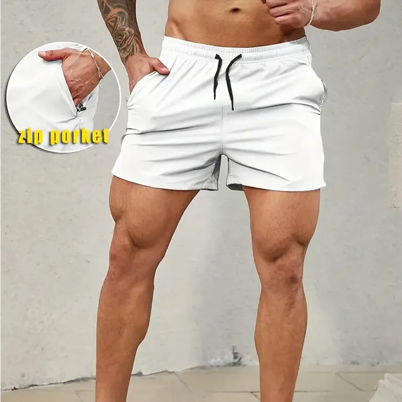 Shorts esportivos masculinos com alça elástica personalizada para homens, com bolso com zíper e secagem rápida e folgada, com alça para treinamento atlético em branco