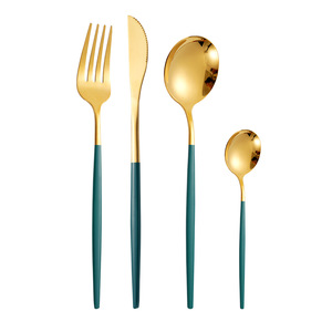 Ensemble de couverts en acier inoxydable, manche plat, vaisselle occidentale colorée, compatible lave-vaisselle, couteau à steak, cuillère à dessert - Product Image 5