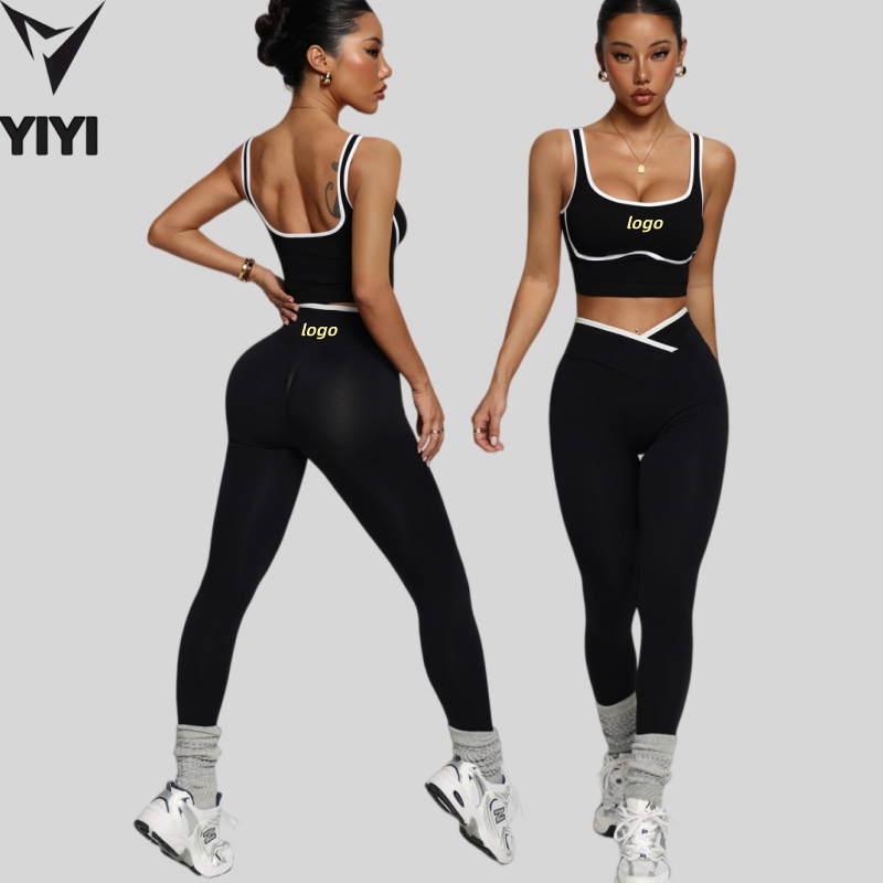 High Quality Women Yoga Clothes Two Pieces Sets Contrasting Color Slim Hit Gym Running Workout Fitness Wear Suits Custom Logo
