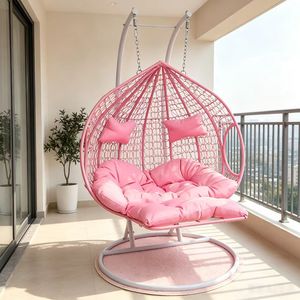Sillón Colgante de Ratán con Dos Cojines, Toldo de Patio, Reposapiés de Lujo en Dorado, para Jardín Exterior - Product Image 2