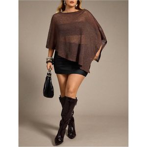 FOXA Women's Plus Size Sheer <b>Poncho</b> 3/4 Sleeve Lightweight Knitted Cover Up Cape Top Sweater Plain Dyed Acrylic - Product Image 5