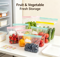 Sacs auto-scellants à double fermeture éclair en PE épaissi de qualité alimentaire, imprimés sur mesure en usine, pour le stockage de fruits, légumes, sushis, collations et aliments pour animaux de compagnie
