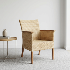 Scandinavian Rattan Garden <b>Chair</b> <b>With</b> Teak <b>Arms</b> And Tapered Legs Outdoor Furniture Durable Design - Product Image 1