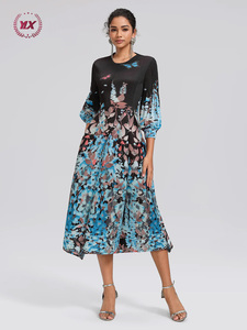 Robe midi plissée à imprimé floral bleu 2026 pour <span class=keywords><strong>femme</strong></span>, col rond, manches lanternes 3/4, coupe trapèze, <span class=keywords><strong>style</strong></span> décontracté <span class=keywords><strong>bohème</strong></span> - Product Image 1