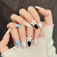 Faux Ongles à Presser pour Femme, Bleu Noir, Longs Carrés, Motif Léopard Français, Breloque Fleur 3D pour un Style Ludique et Tendance