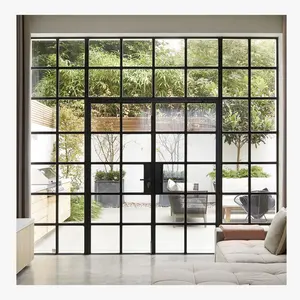 China Factory Large Double Glass Steel Swing Fixed Black Frame French Doors With Grill Design