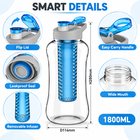 Bouteille d'eau Tritan avec infuseur de fruits 1800 ml, sans BPA, anti-fuite, couvercle à clapet, poignée de transport, bouteille d'eau détox écologique pour les fêtes