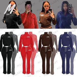 Kledingset dames, 2-delig, met custom logo, herfst, groothandel, katoen, lange mouwen, rits, cropped jack, wijde broek, sportkleding - Product Image 3