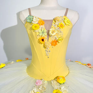 Vestido Tutú de Ballet Profesional para Mujer Sleeping Beauty, Amarillo con Adornos Florales, Spandex/Nylon, Estilo Pancake para Actuaciones Clásicas - Product Image 3