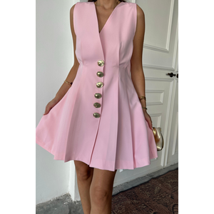 Robe d'été rose sans manches à boutons dorés, élégante, longue, décontractée, ODM avec darts et plis, taille XL, pour occasions de club - Product Image 5