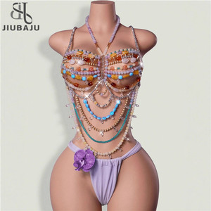 Top Halter Hecho a Mano para Mujer, con Cadena Corporal, Estilo Lencería, para Festivales y Raves, Hippie Coquette, con Cuentas de Piedras Preciosas - Product Image 1