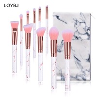 Ensemble de pinceaux de maquillage en marbre en gros, 10 pièces, étiquette privée, fibres synthétiques douces, manche en plastique, sac en PU, seau