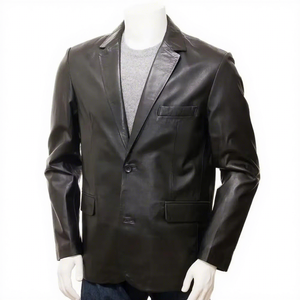 Mens Real Black <b>Leather</b> <b>Blazer</b> Slim Fit Formal Suit Two Button Cowhide Coat Notch Lapel Custom Classic Fashion Business - Product Image 1