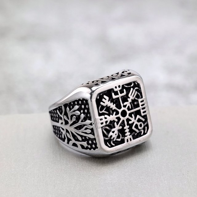 Nordic Retro Tungsten  Unisex Hollow Tree of Life Compass Ring