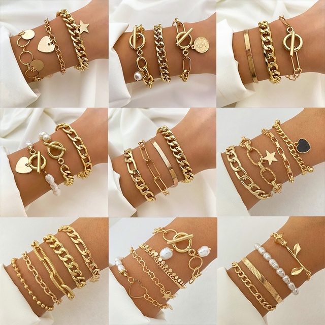 Cenda Punk Heart Pearl Alloy Roses Cuban Chain Butterfly Charm Bracelet for Women Jewelry Wholesale