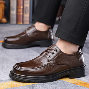 Leather Men's Oxfords <b>Round</b> Toe Lace-up Spring Wedding Dress Shoes <b>Cushioned</b> Rubber Sole Solid Color Business Formal Wear - Product Image 2