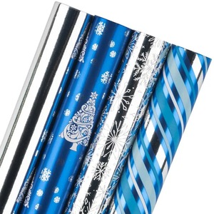 Custom Eco-Friendly Recyclable <b>Blue</b> Christmas Tree Snowflake Stripes Metallized Waterproof Double-Sided Gift <b>Paper</b> Packaging - Product Image 1