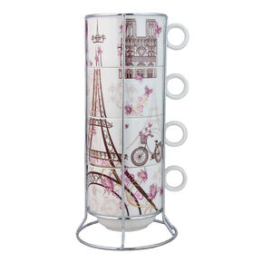 Ensemble de tasses à thé au lait en porcelaine couleur personnalisée, 4 tasses empilables en céramique avec motif <span class=keywords><strong>tour</strong></span>, en grès, compatibles lave-vaisselle et micro-ondes, cadeau d'affaires - Product Image 1