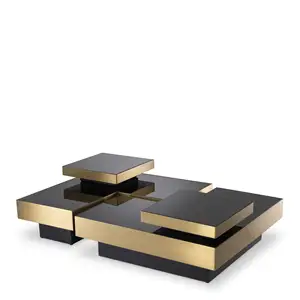 Living Room Furniture Metal Frame Brushed brass Black Glass Top Square 4-Piece Of Set Coffee Tables