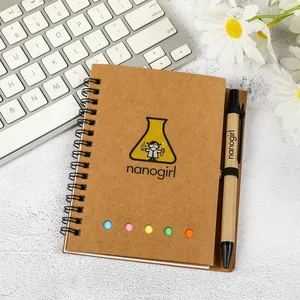 Custom Logo Spiral Notebooks with Pen and Sticky Note Promotion a5 a6 Kraft Paper Cover Pocket Notebook