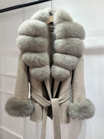 JANVENY 2025 Nouvelle veste courte en laine et cachemire pour femme, avec ceinture et poches, mélange de laine, poignets en fourrure de renard véritable naturelle