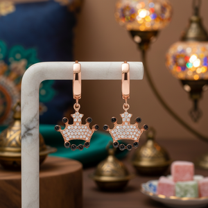 Crown Design <b>Black</b> and White Stone <b>Dangle</b> <b>Earrings</b> Turkish Handmade Wholesale 925 Sterling Silver Jewelry - Product Image 3